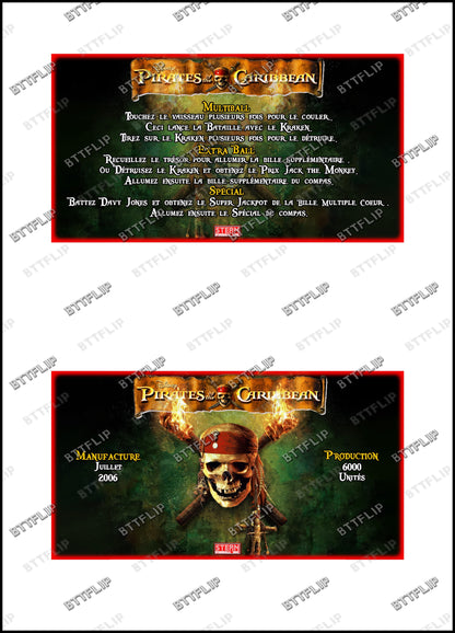 Stern Piratas del Caribe 2006 Juego de Cartas Reglas Instrucciones Pinball Custom Apron V2