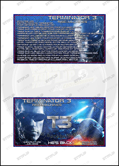 Cartes d'instructions custom apron flipper Stern Terminator 3 Rise of the Machines 2003 V2 (set de 2)