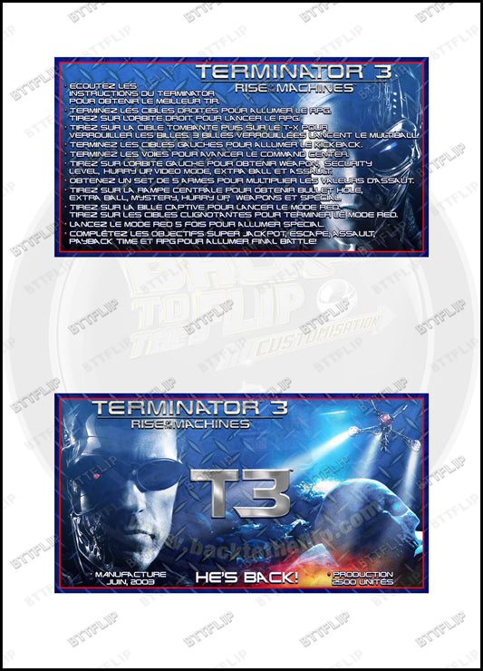 Cartes d'instructions custom apron flipper Stern Terminator 3 Rise of the Machines 2003 V2 (set de 2)