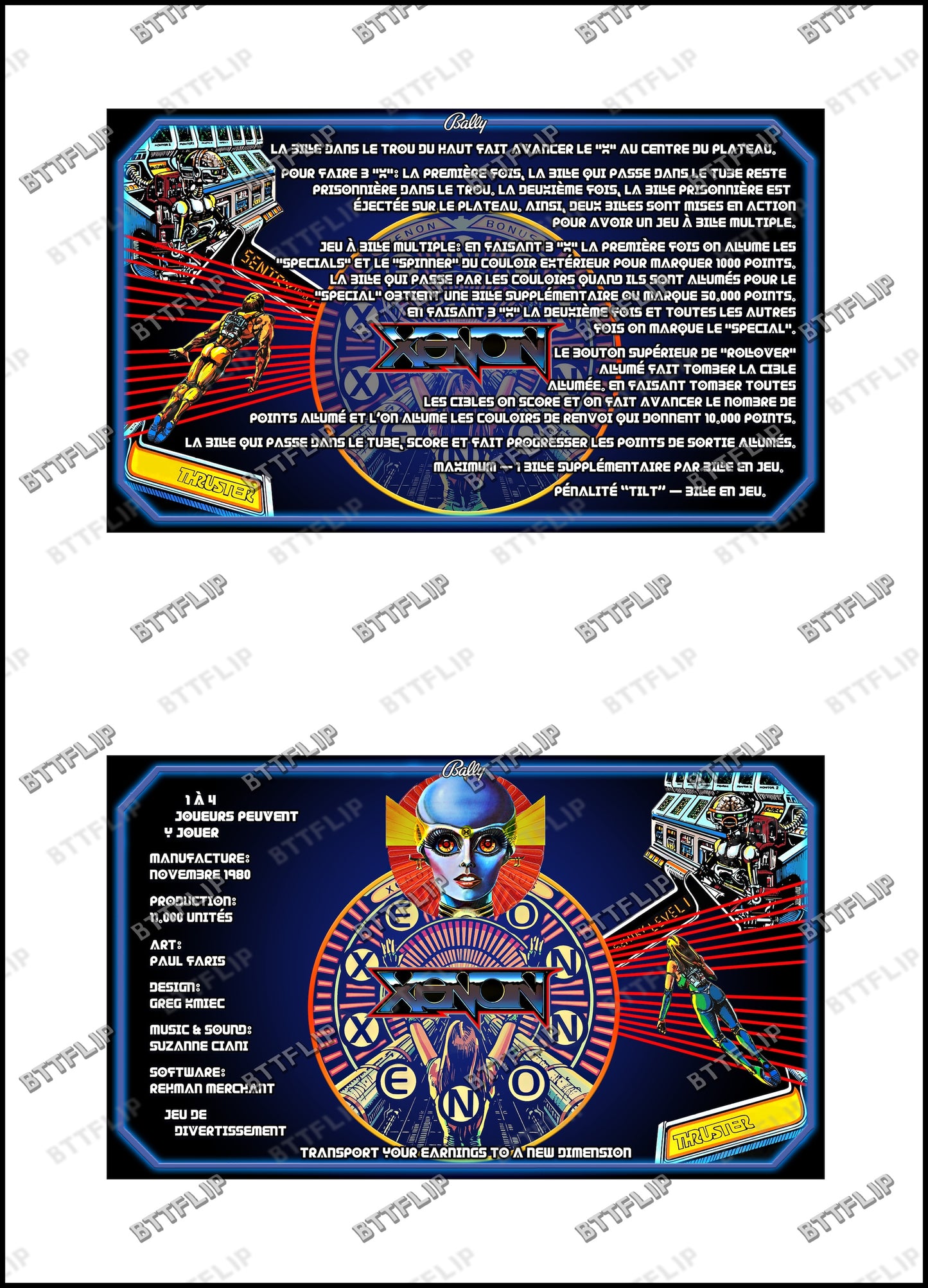 Bally XENON 1980 Juego Cartas Reglas Instrucciones Pinball Custom Apron V2