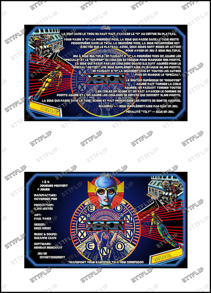 Bally XENON 1980 Juego Cartas Reglas Instrucciones Pinball Custom Apron V2
