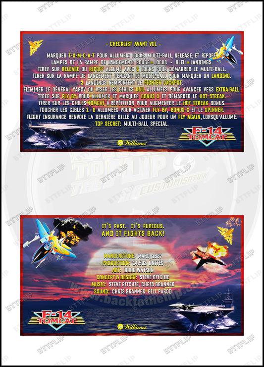Williams F-14 Tomcat 1987 Jeu Cartes règles Instructions Flipper Custom Apron V2