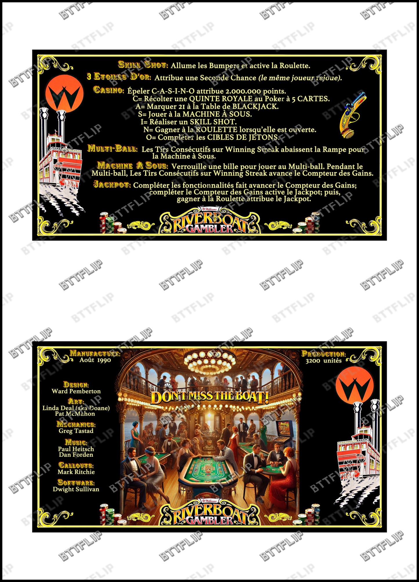 Williams Riverboat Gambler 1990 Juego Cartas Reglas Instrucciones Pinball Custom Apron V2