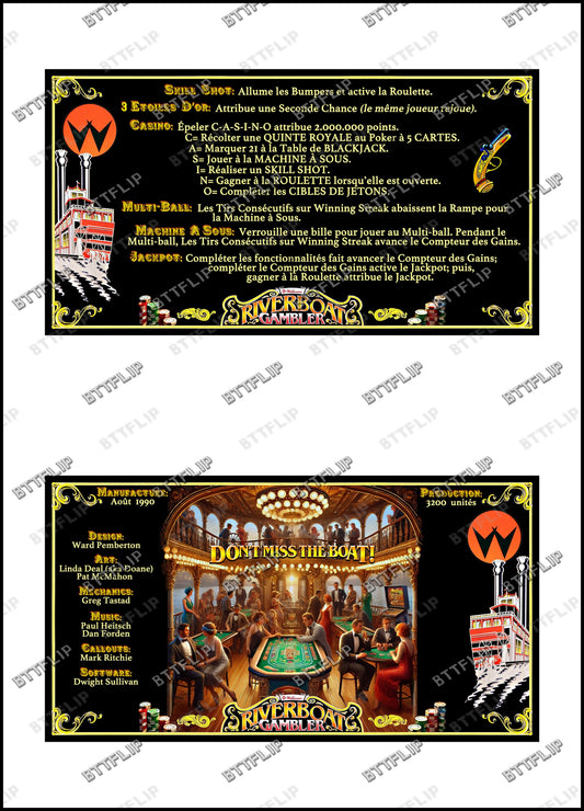 Williams Riverboat Gambler 1990 Juego Cartas Reglas Instrucciones Pinball Custom Apron V2