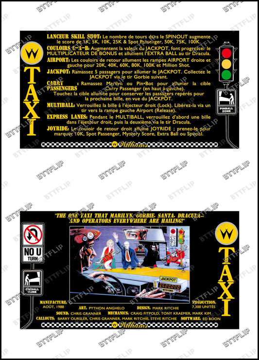 Williams Taxi 1988 Jeu Cartes règles Instructions Flipper Custom Apron V2