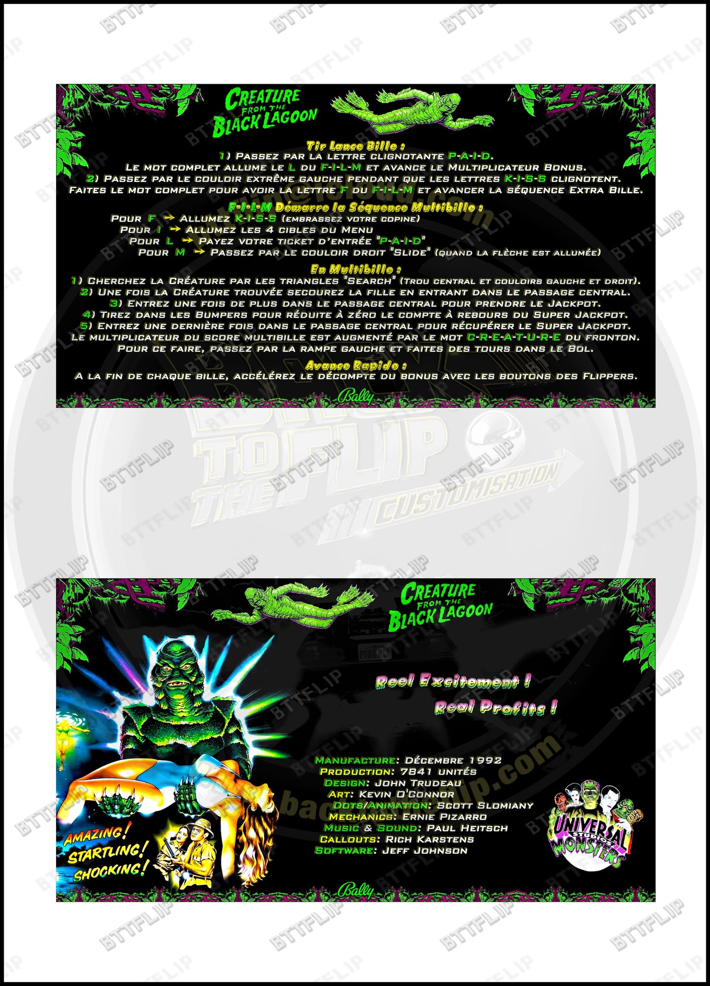 Cartes d'instructions custom apron flipper Bally Creature From The Black Lagoon 1992 V3 (set de 2)