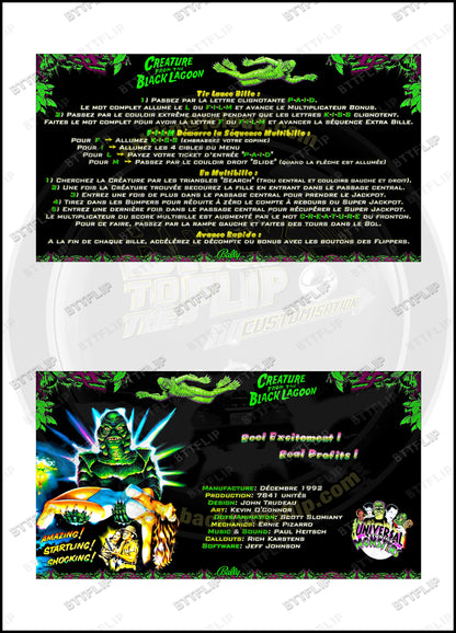 Cartes d'instructions custom apron flipper Bally Creature From The Black Lagoon 1992 V3 (set de 2)