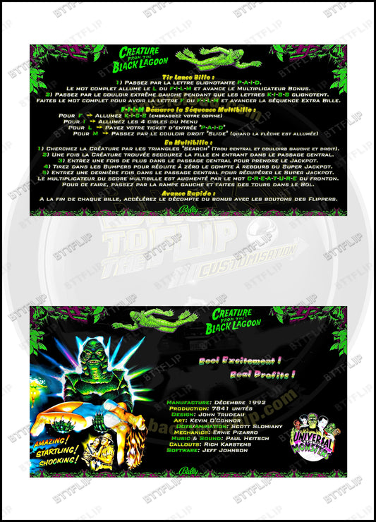 Cartes d'instructions custom apron flipper Bally Creature From The Black Lagoon 1992 V3 (set de 2)