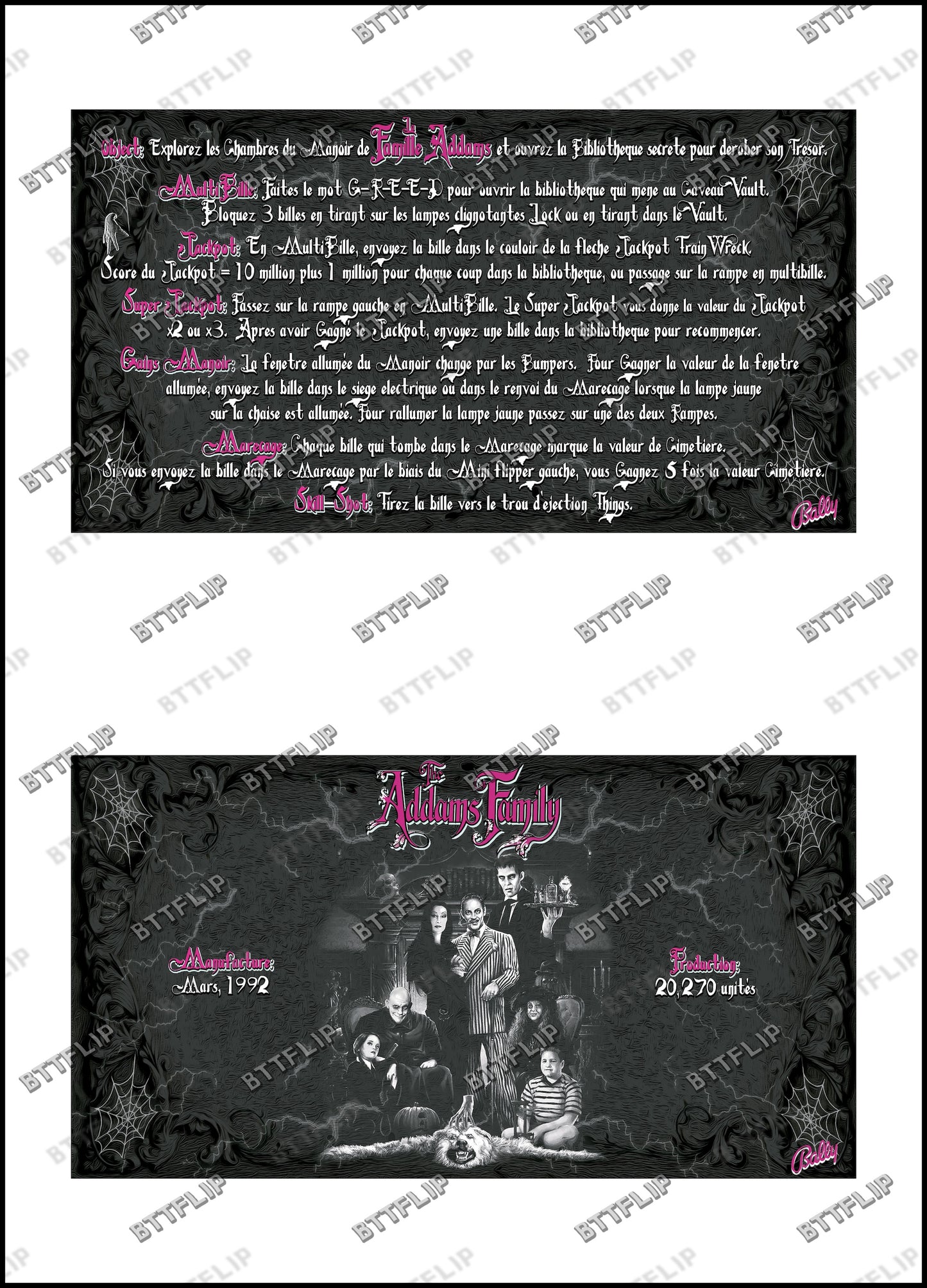 Instrucciones de las tarjetas del juego Bally The Addams Family 1992, delantal personalizado de pinball, reglas impresas V3