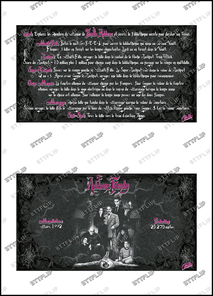 Instrucciones de las tarjetas del juego Bally The Addams Family 1992, delantal personalizado de pinball, reglas impresas V3