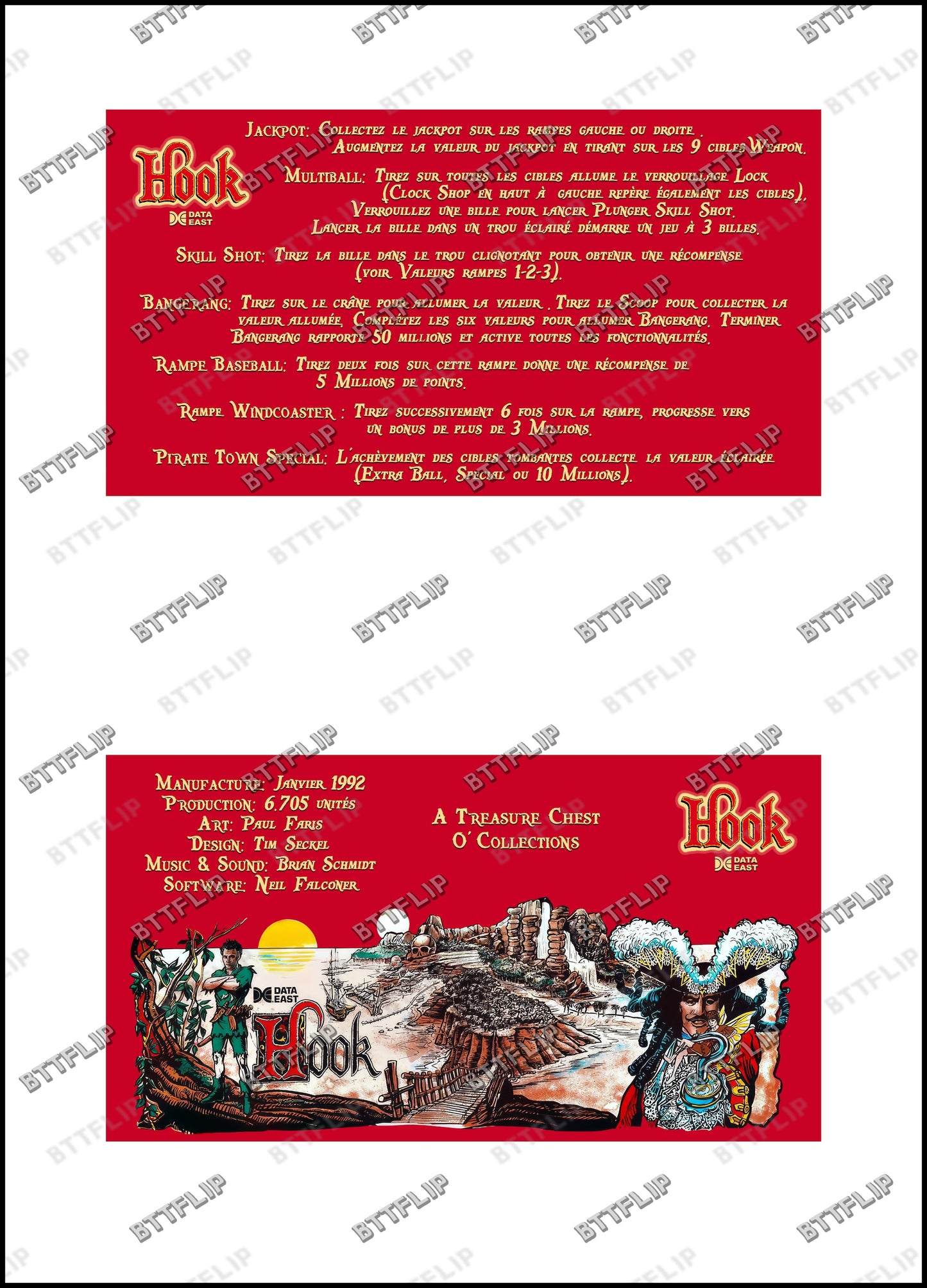 Data East Hook 1992 Game Cards Rules Instructions Pinball Custom Apron V3