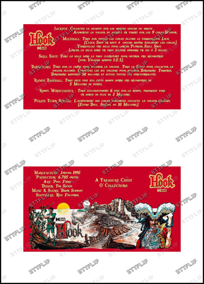 Data East Hook 1992 Game Cards Rules Instructions Pinball Custom Apron V3