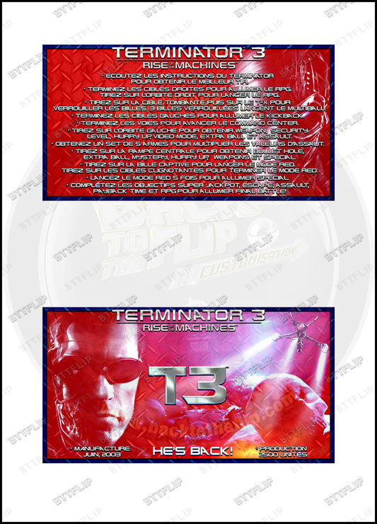 Cartes d'instructions custom apron flipper Stern Terminator 3 Rise of the Machines 2003 V3 (set de 2)
