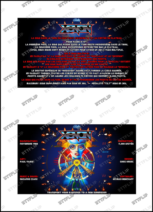 Bally XENON 1980 Pinball Game Cards Rules Instructions Custom Apron V3