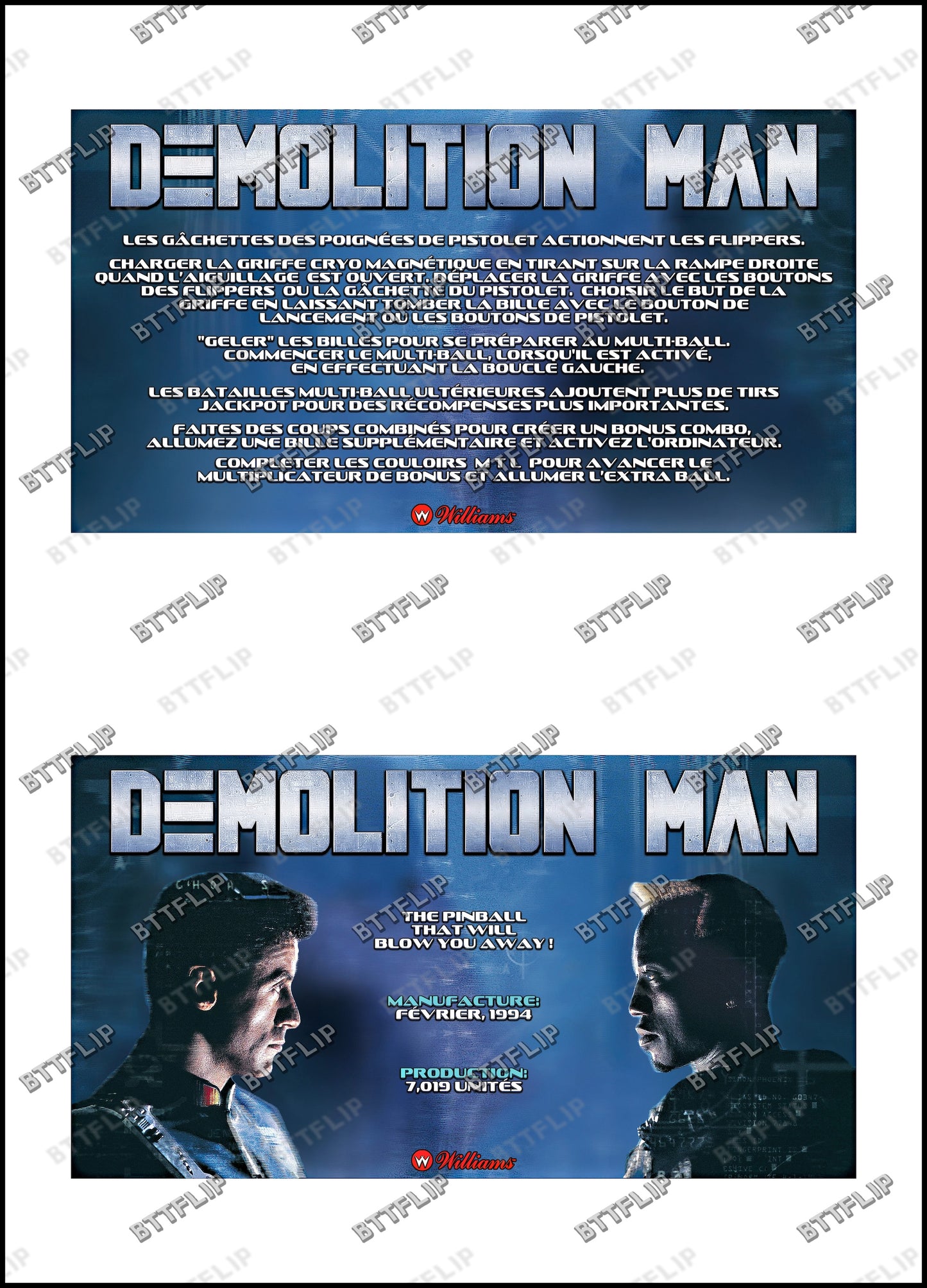 Williams Demolition Man 1994 Juego de cartas Reglas Instrucciones Pinball Delantal personalizado V3
