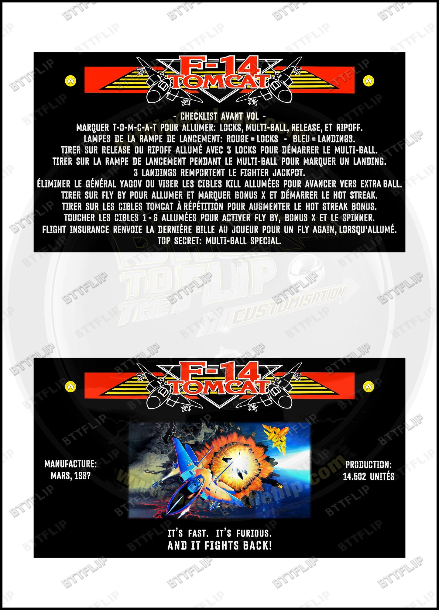 Williams F-14 Tomcat 1987 Jeu Cartes règles Instructions Flipper Custom Apron V3