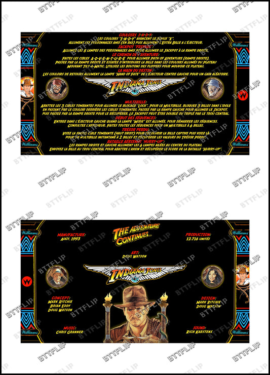 Williams Indiana Jones 1993 Pinball Game Card Rules Instructions Custom Apron V3