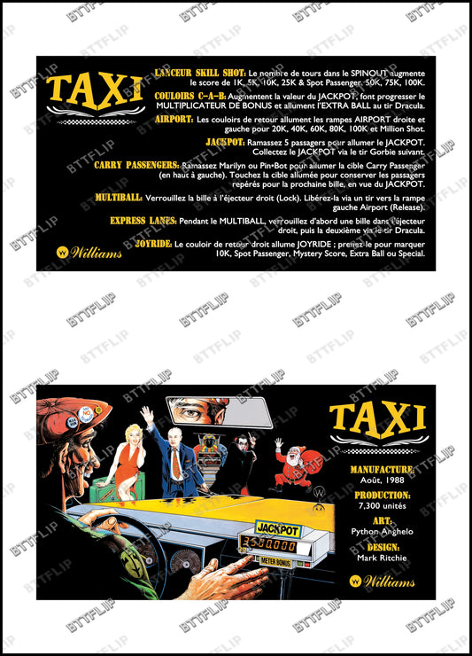 Williams Taxi 1988 Jeu Cartes règles Instructions Flipper Custom Apron V3