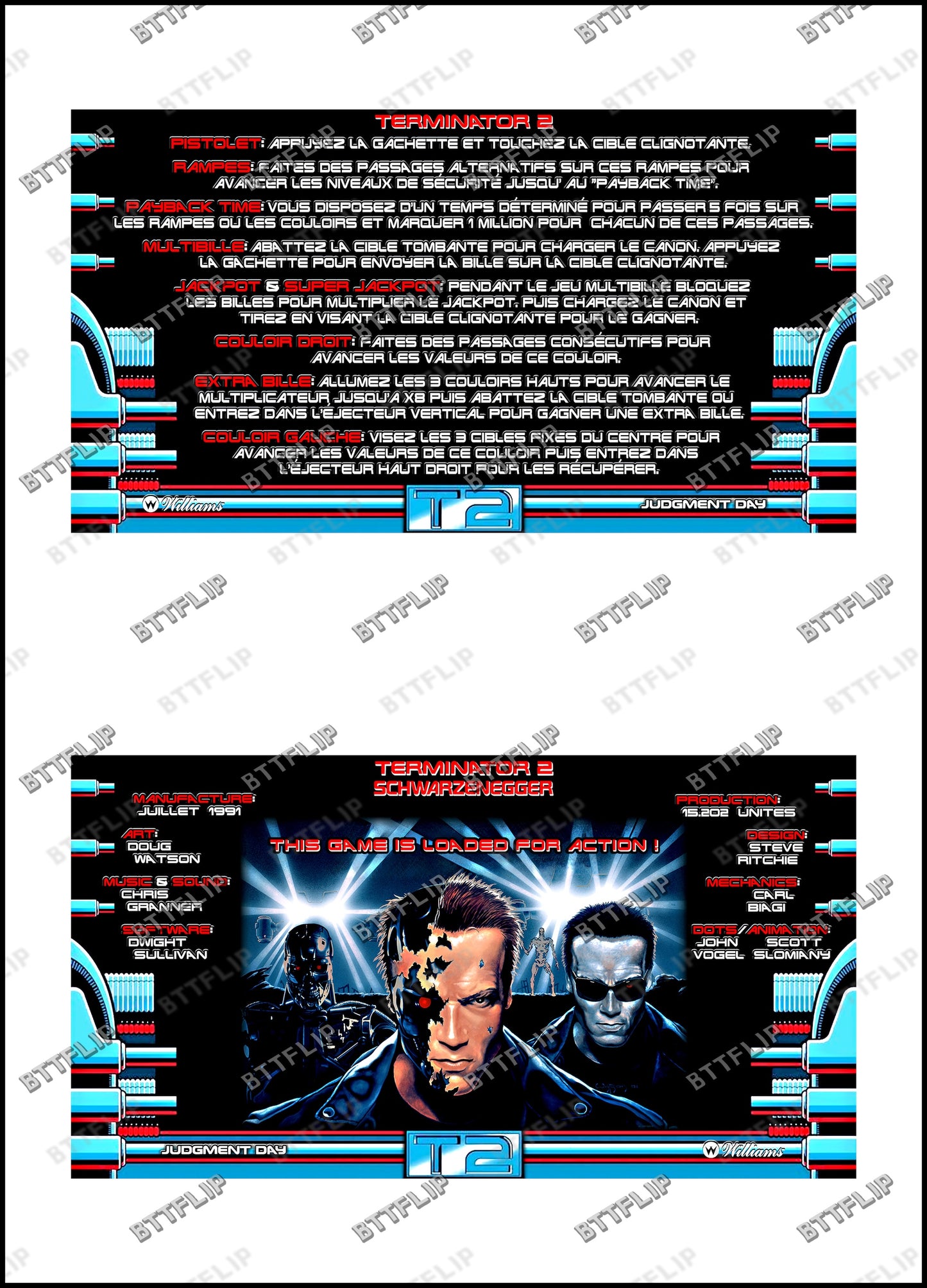 Williams T2 Terminator 2 1991 Juego Cartas reglas Instrucciones Pinball Custom Apron V3