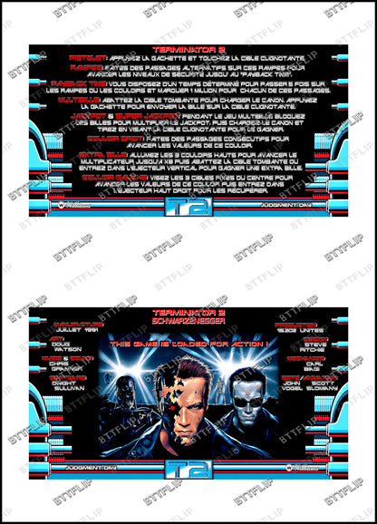 Williams T2 Terminator 2 1991 Juego Cartas reglas Instrucciones Pinball Custom Apron V3