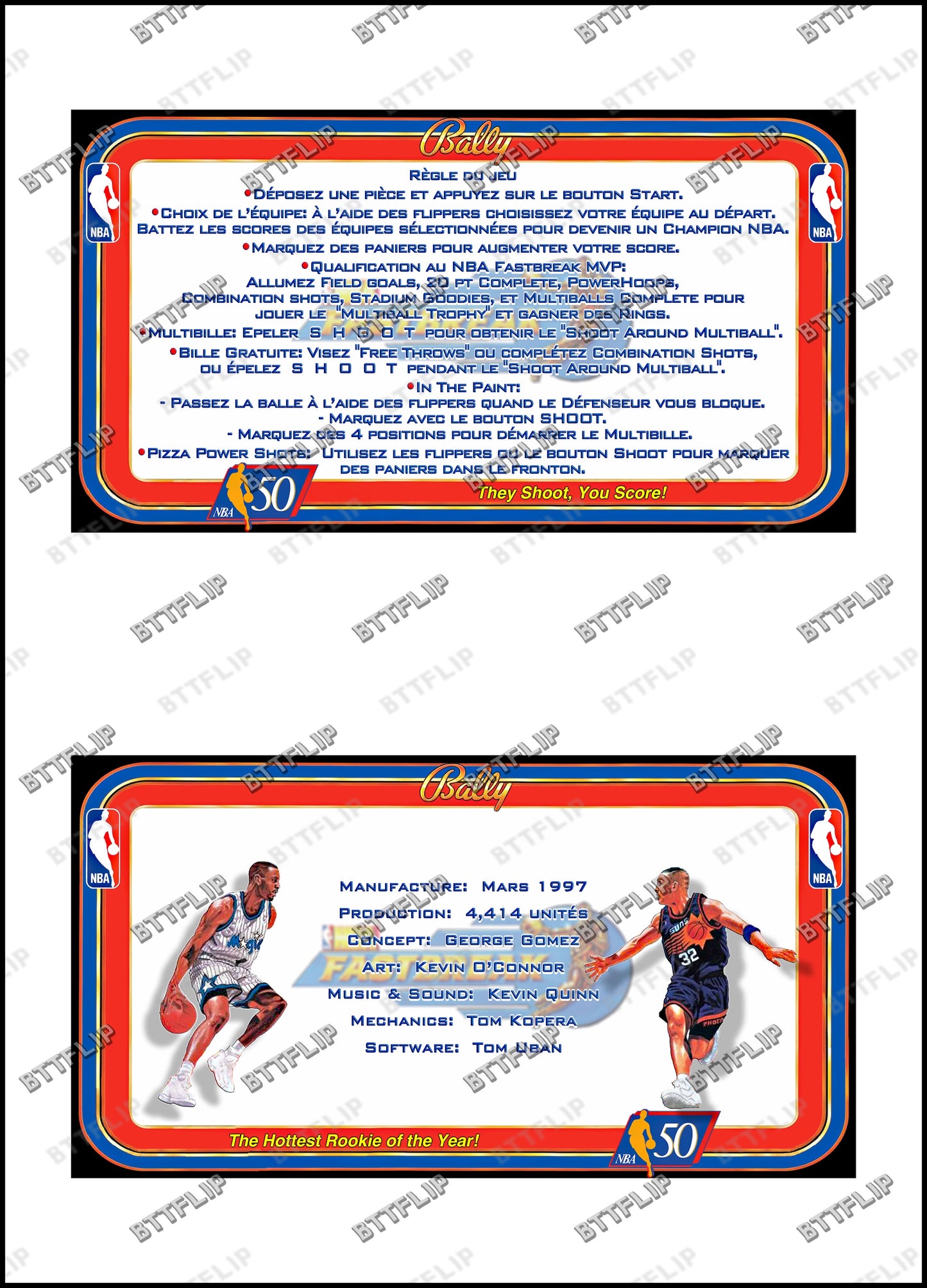 Bally NBA FASTBREAK 1997 Juego Tarjetas Reglas Instrucciones Pinball Custom Apron V4
