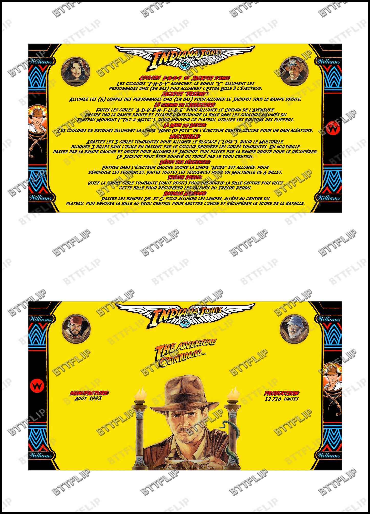 Williams Indiana Jones 1993 Juego de cartas reglas instrucciones Flipper Custom Apron V4