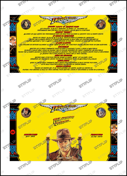 Williams Indiana Jones 1993 Juego de cartas reglas instrucciones Flipper Custom Apron V4