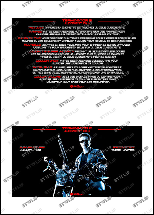 Williams T2 Terminator 2 1991 Pinball Rules Instructions Custom Apron V4