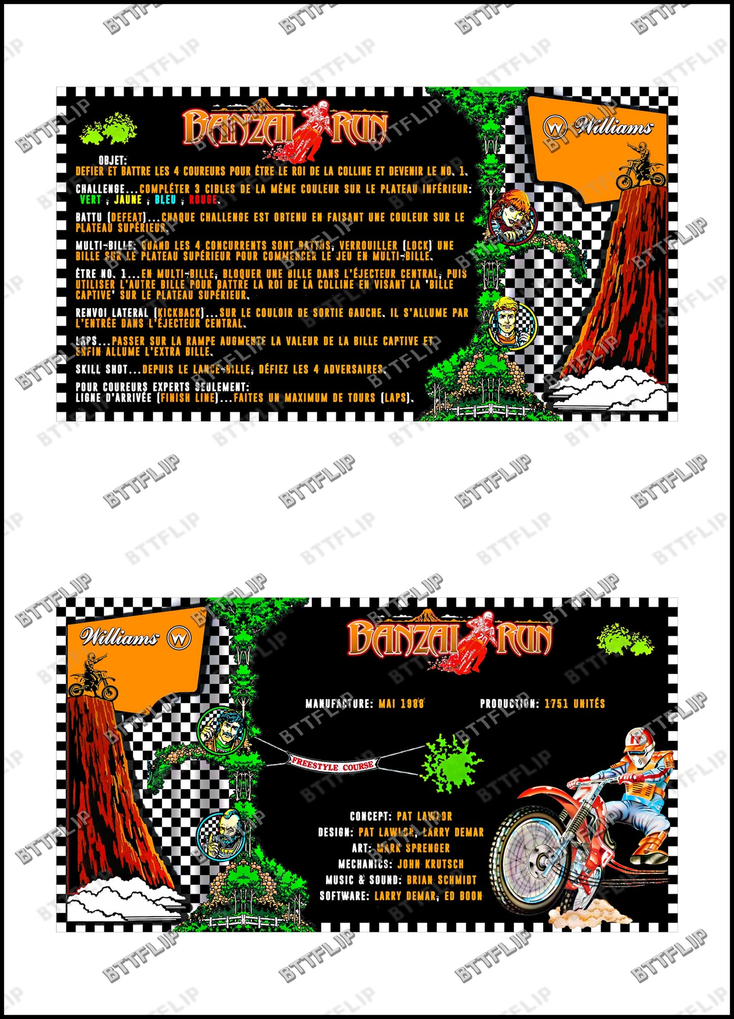 Williams Banzai Run 1988 Juego Tarjetas Reglas Instrucciones Pinball Delantal Personalizado