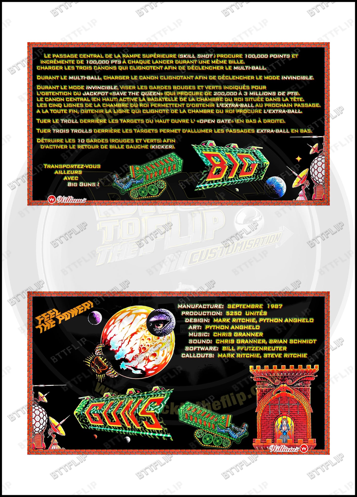 Cartes d'instructions custom apron flipper Williams Big Guns 1987 (set de 2)