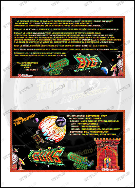 Cartes d'instructions custom apron flipper Williams Big Guns 1987 (set de 2)
