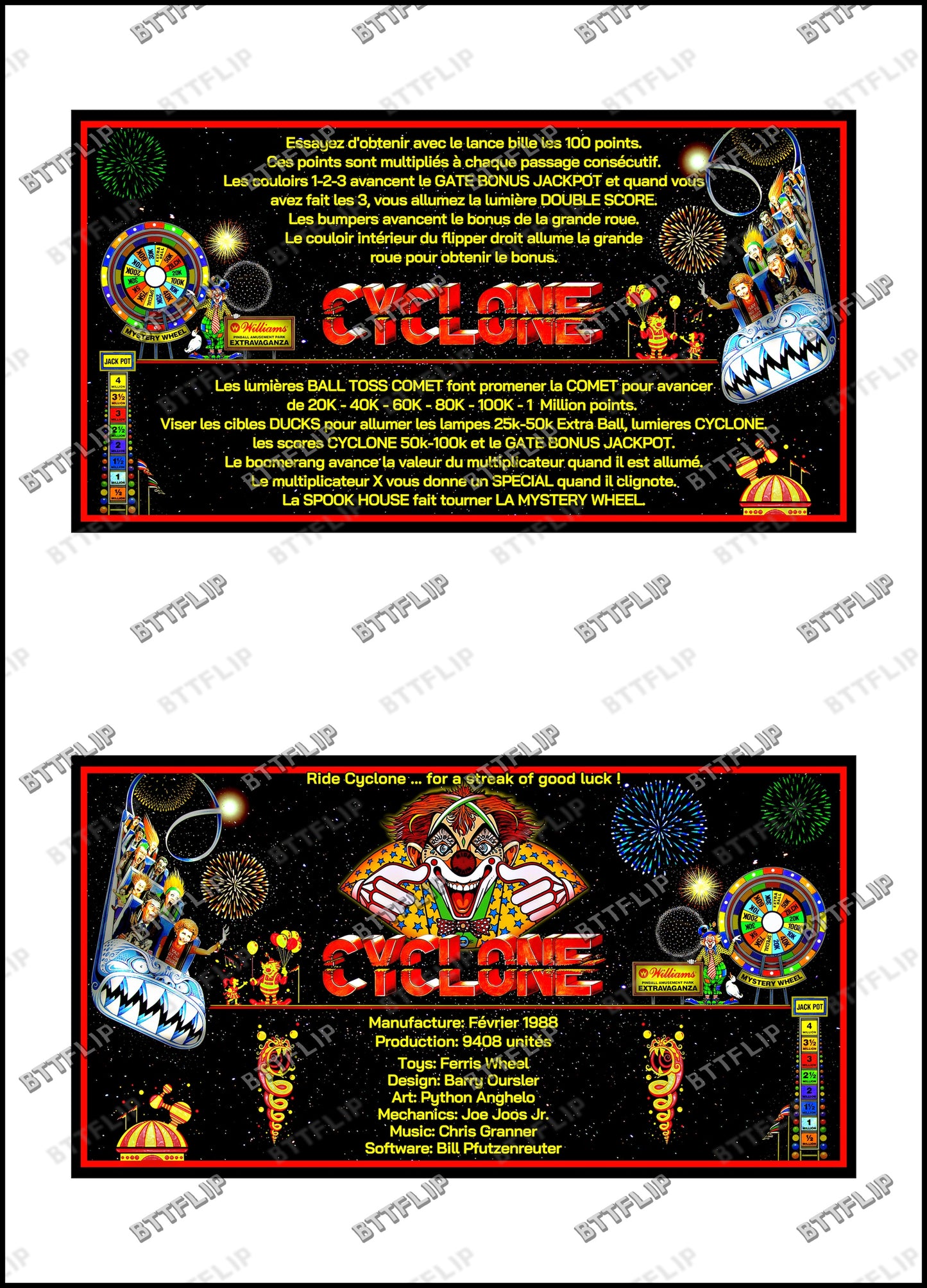 Williams Cyclone 1988 Juego de cartas Reglas Instrucciones Pinball Delantal personalizado