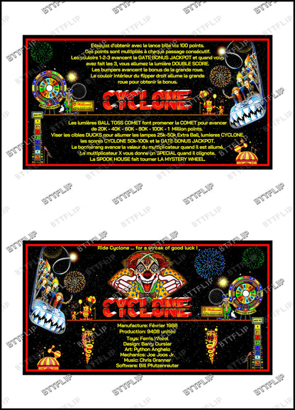 Williams Cyclone 1988 Juego de cartas Reglas Instrucciones Pinball Delantal personalizado
