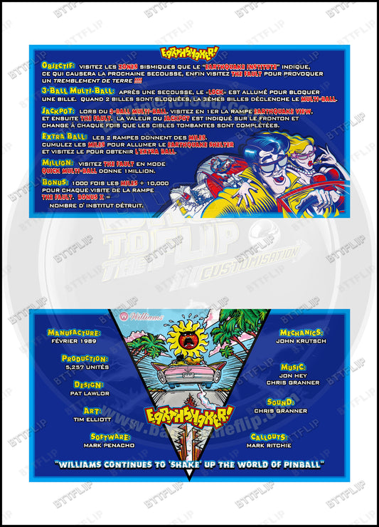 Cartes d'instructions custom apron flipper Williams Earthshaker 1989 (set de 2)