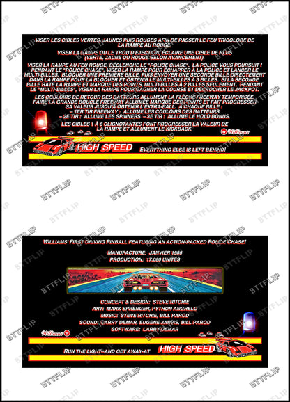 Williams HIGH SPEED 1986 Card Game Rules Instructions Pinball Custom Apron