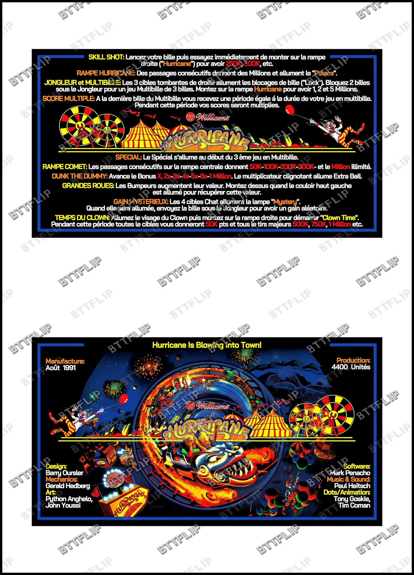 Reglas e instrucciones de las tarjetas de juego Williams Hurricane 1991 Delantal personalizado de pinball