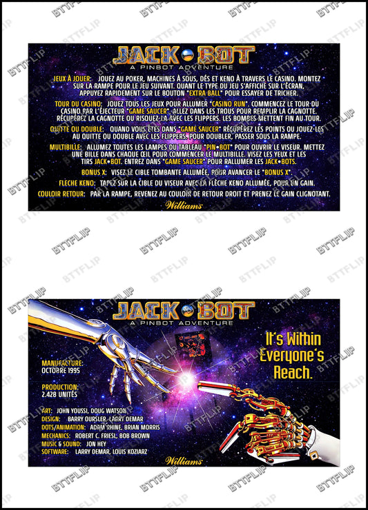 Williams JackBot 1995 Jeu Cartes règles Instructions Flipper Custom Apron JACK*BOT