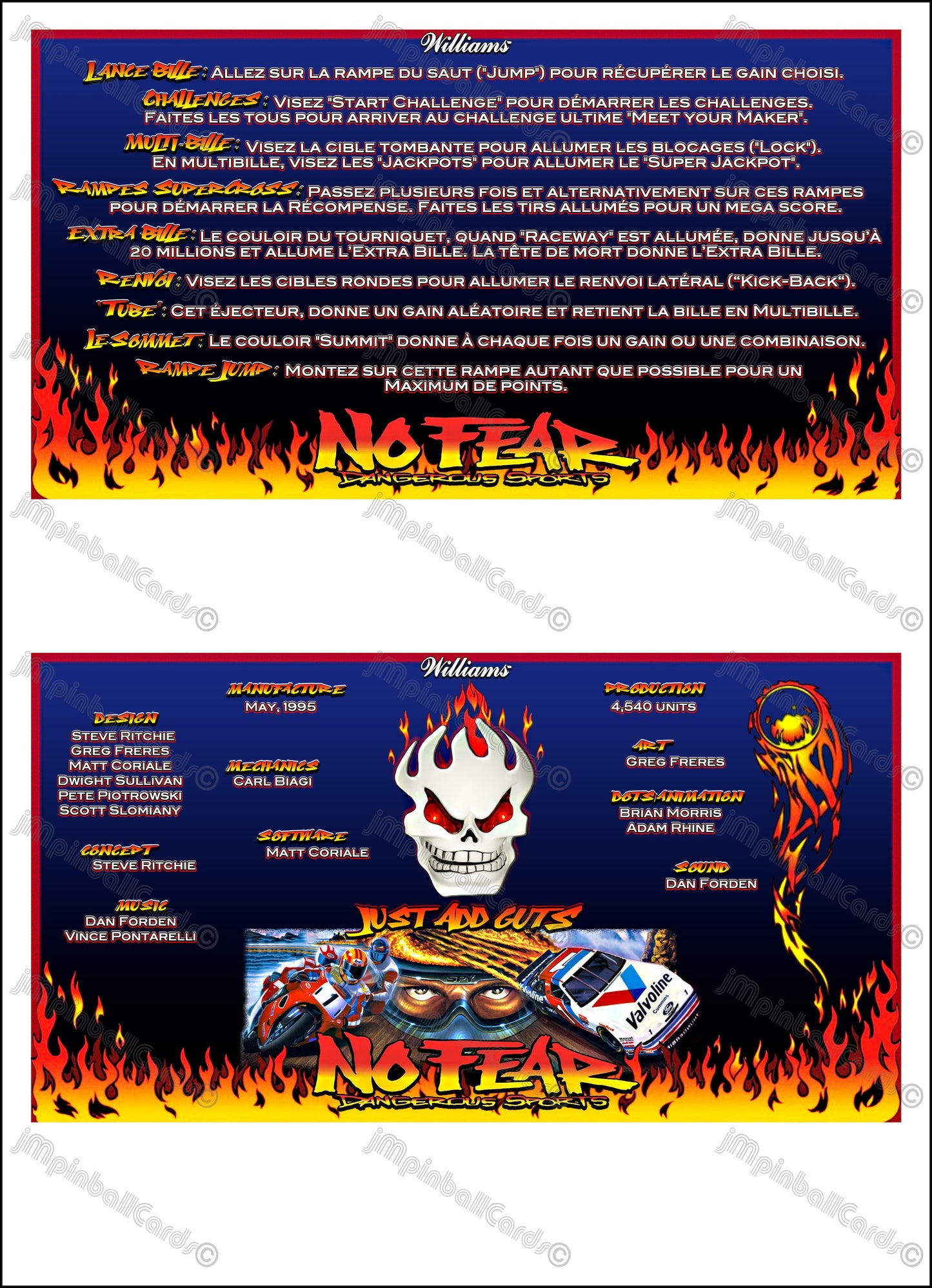 Instrucciones de las tarjetas del juego Williams No Fear Dangerous Sports 1995, delantal personalizado de pinball, reglas impresas