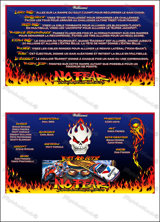 Instrucciones de las tarjetas del juego Williams No Fear Dangerous Sports 1995, delantal personalizado de pinball, reglas impresas