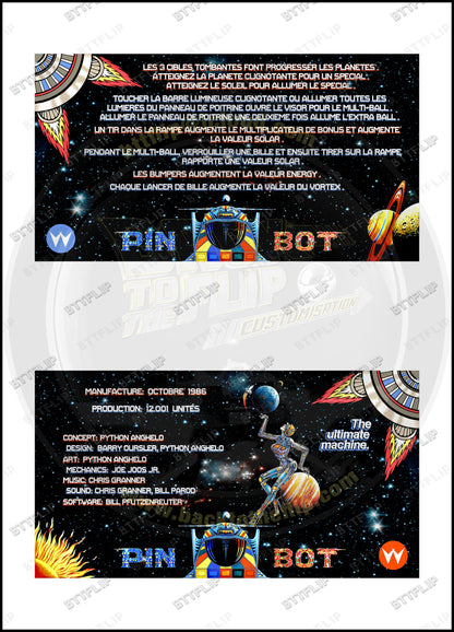 Custom apron instruction cards for Williams Pinbot 1986 flipper (set of 2)