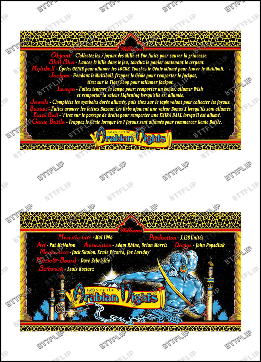 Instrucciones de las tarjetas del juego Williams Tales Of The Arabian Nights 1996, reglas impresas del delantal personalizado de pinball