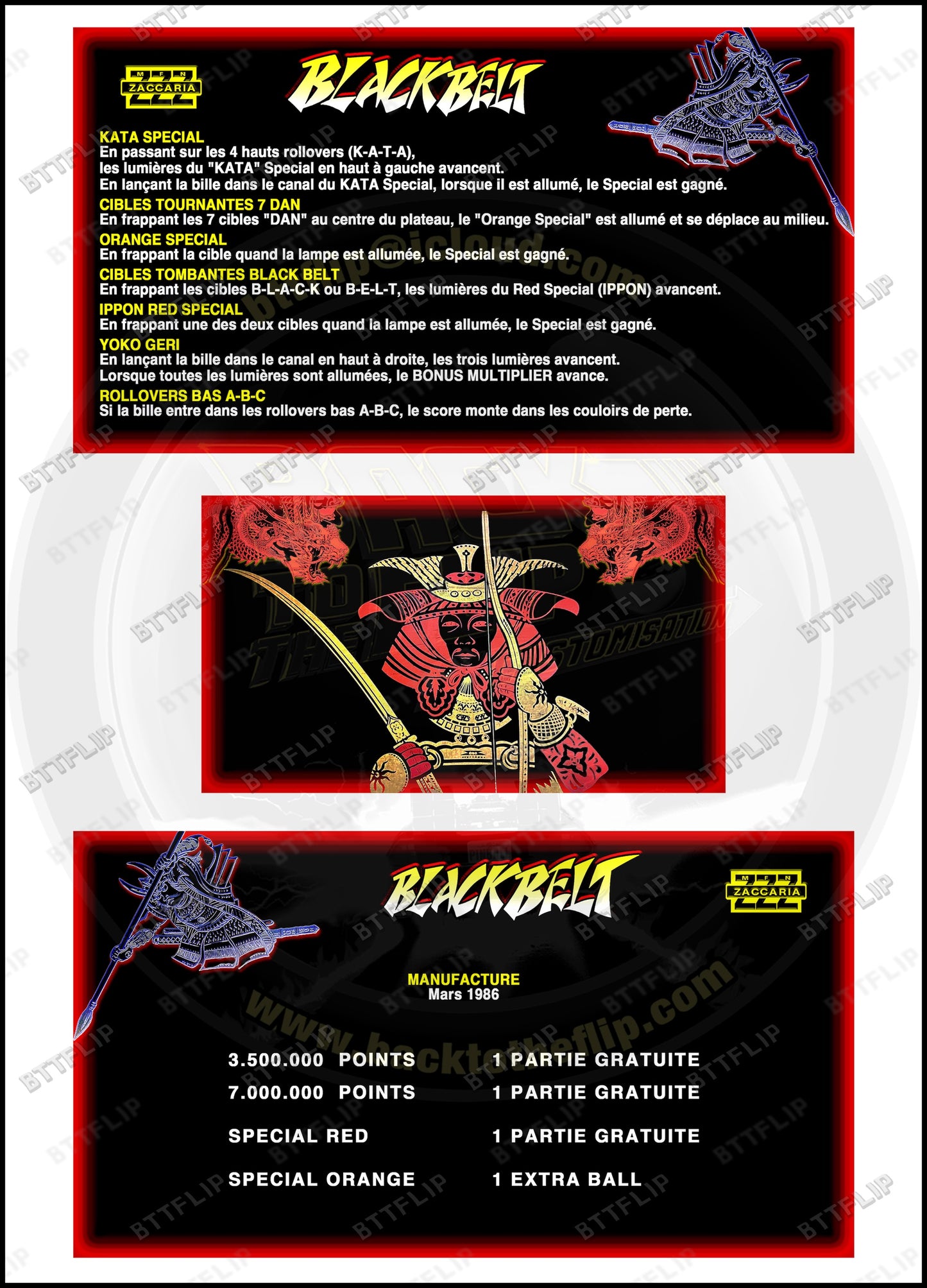 Custom instruction cards apron flipper Zaccaria Blackbelt 1986 (set of 3)