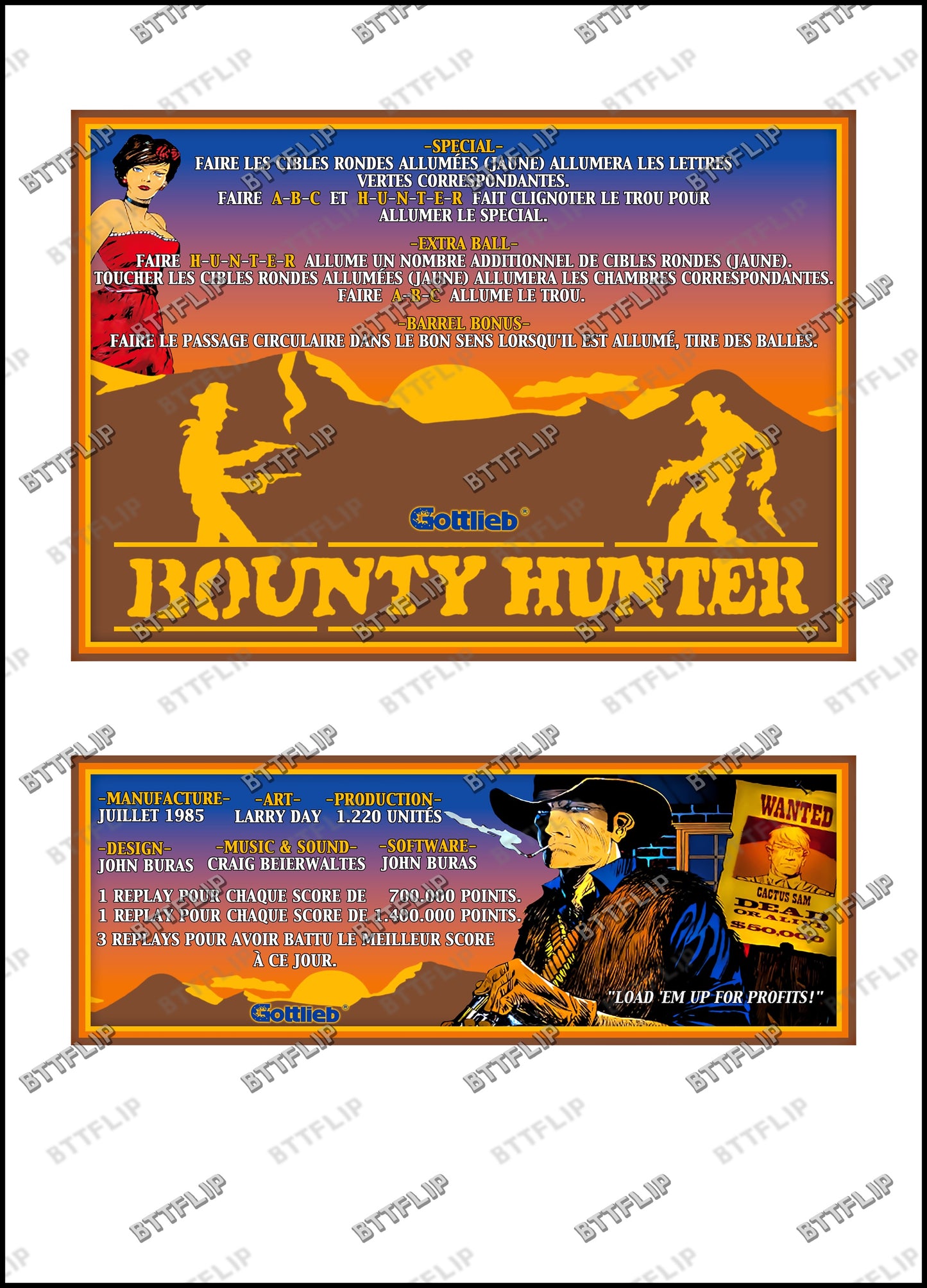 Gottlieb BOUNTY HUNTER 1985 Game Cards Instructions Pinball Custom Apron printed rules