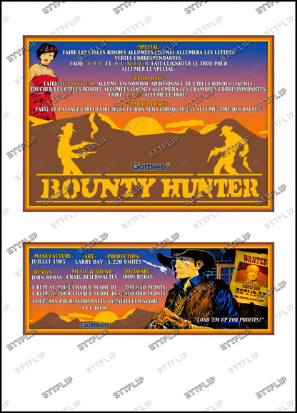 Gottlieb BOUNTY HUNTER 1985 Game Cards Instructions Pinball Custom Apron printed rules