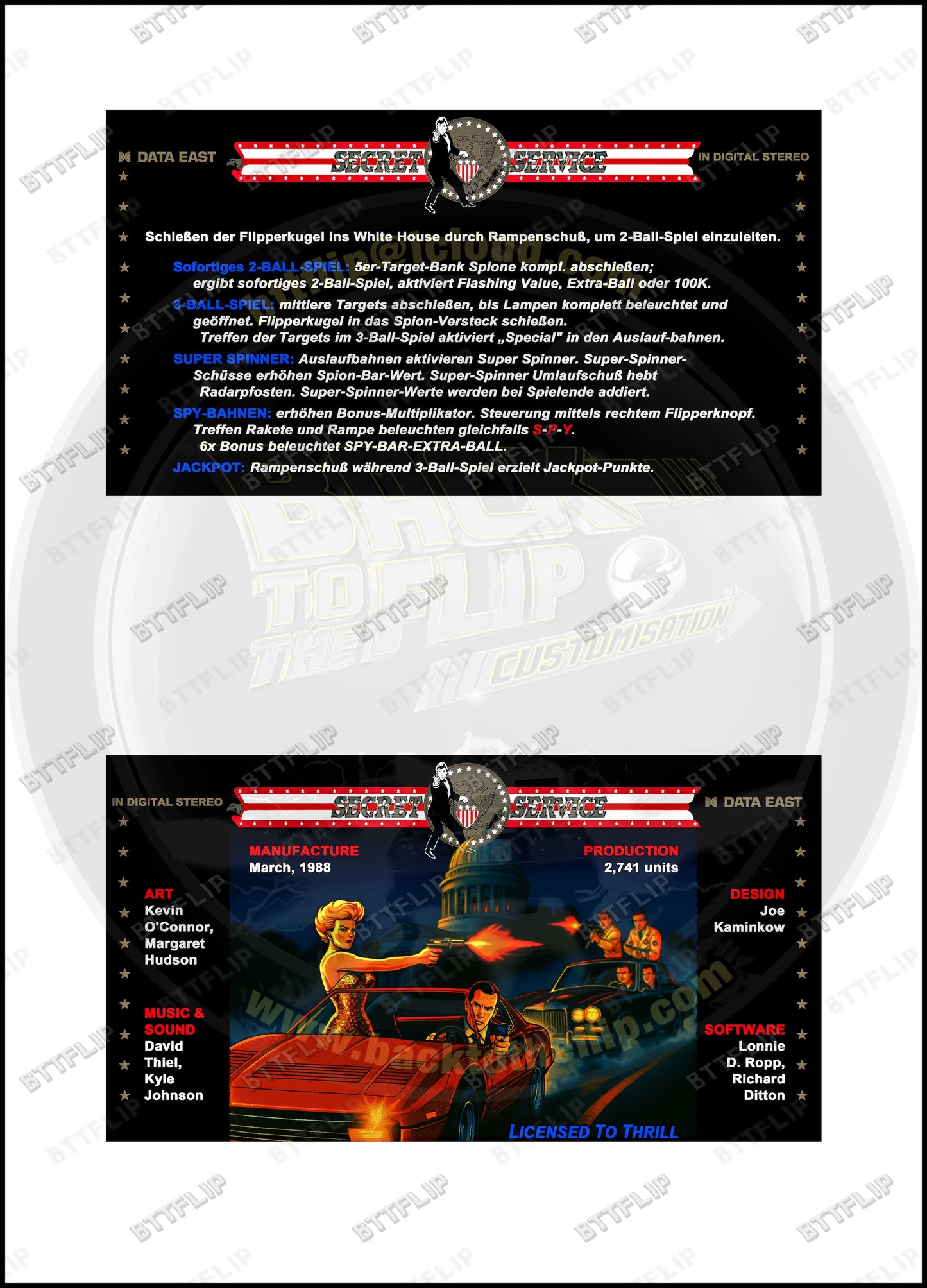 Data East Secret Service 1988 Game Cards Instructions Pinball Custom Apron printed rules