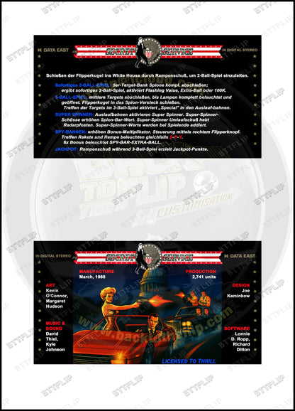 Data East Secret Service 1988 Game Cards Instructions Pinball Custom Apron printed rules