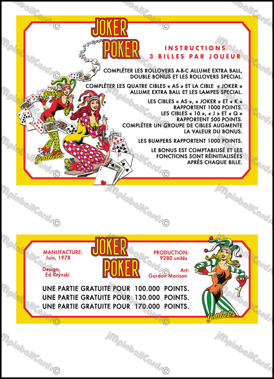 Gottlieb Joker Poker 1978 Jeu Cartes Instructions Flipper Custom Apron règles imprimées