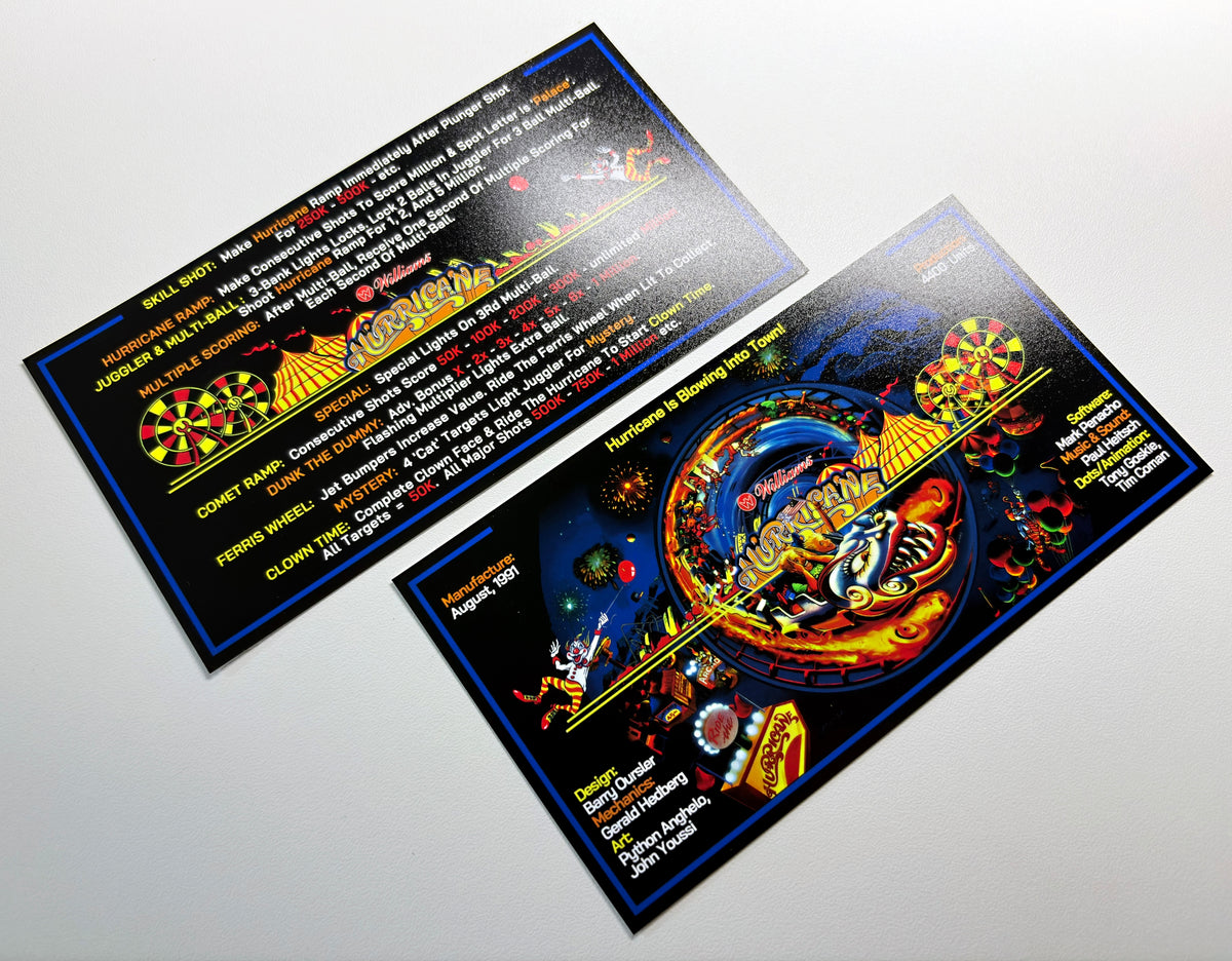 Reglas e instrucciones de las tarjetas de juego Williams Hurricane 1991 Delantal personalizado de pinball