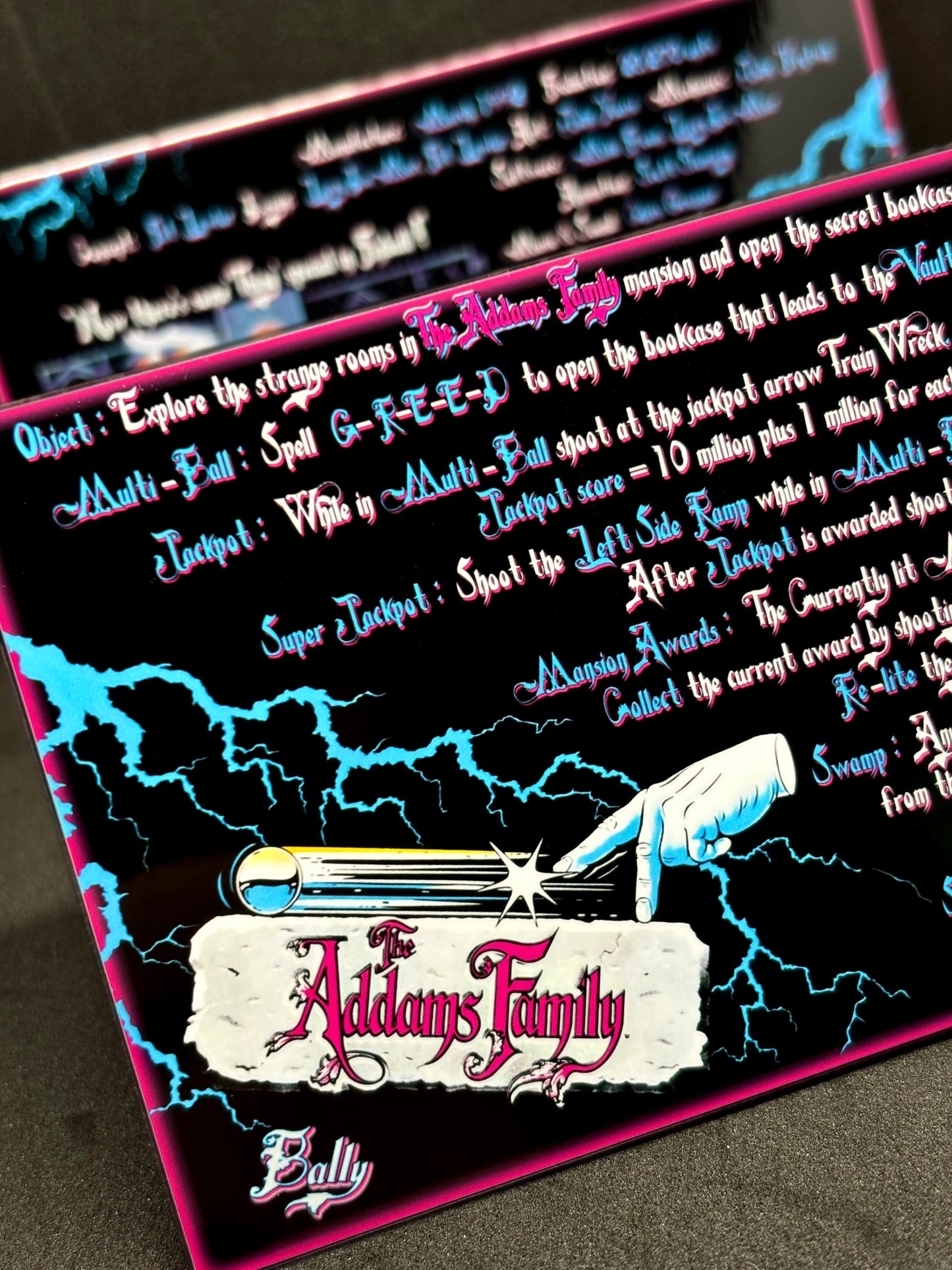 Instrucciones de las tarjetas del juego Bally The Addams Family 1992, máquina de pinball, delantal personalizado, reglas impresas V2