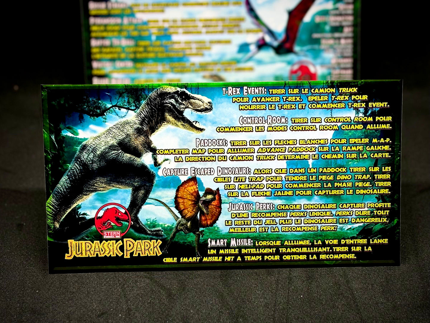 Instrucciones de las tarjetas del juego Stern Jurassic Park 2019, tarjetas de pinball personalizadas con impresión de delantal